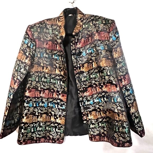 vintage Jackets & Blazers - Mandarin Collar Embroidered Black Colorful Blazer Embroidery Frog Buttons Jacket